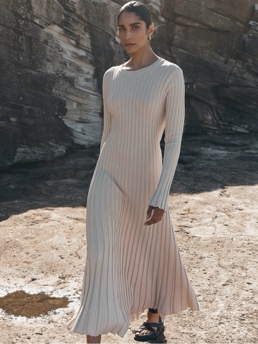DISSH Ribbed Long-Sleeve Midi Dress in Light Beige